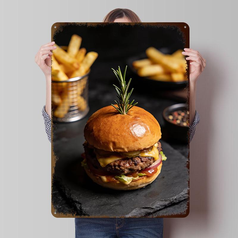 Delicious Burger With Fries on Dark Background Printed Poster Customized Retro Wall Art Vintage Metal Tin Signs for Home House