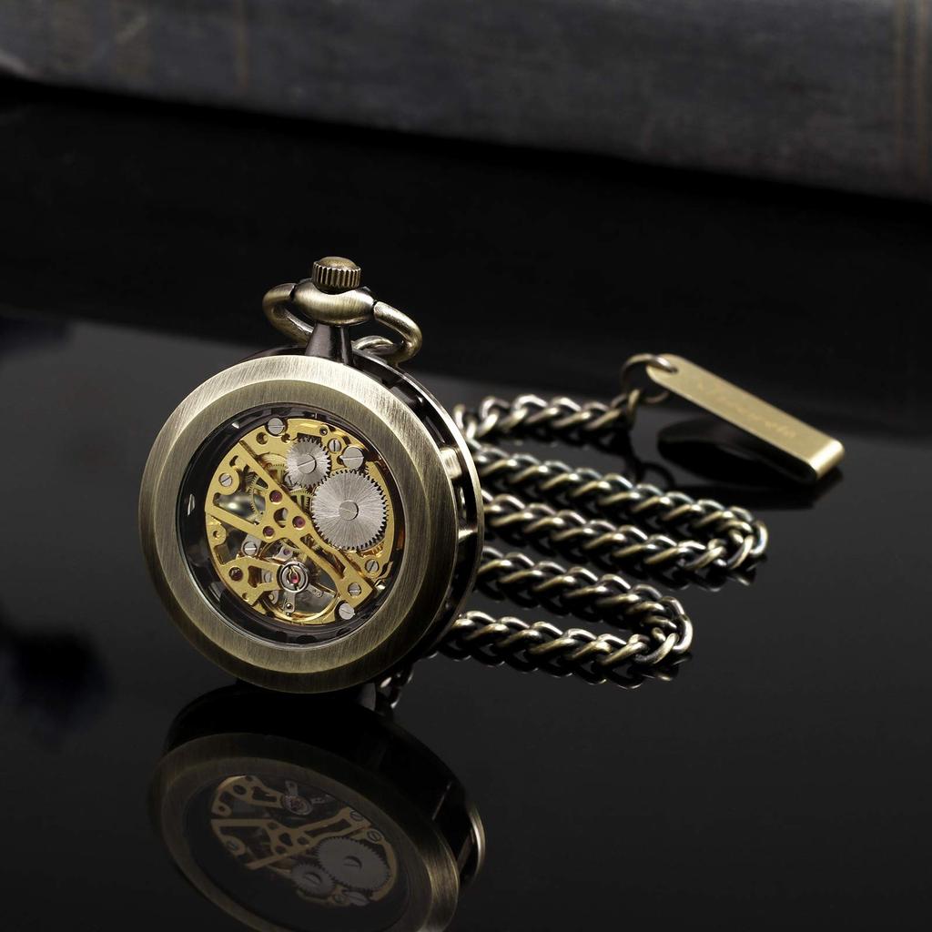 TREEWETO Старинные механические карманные часы-скелетон с цепочкой и ручным заводом для мужчин (бронза)