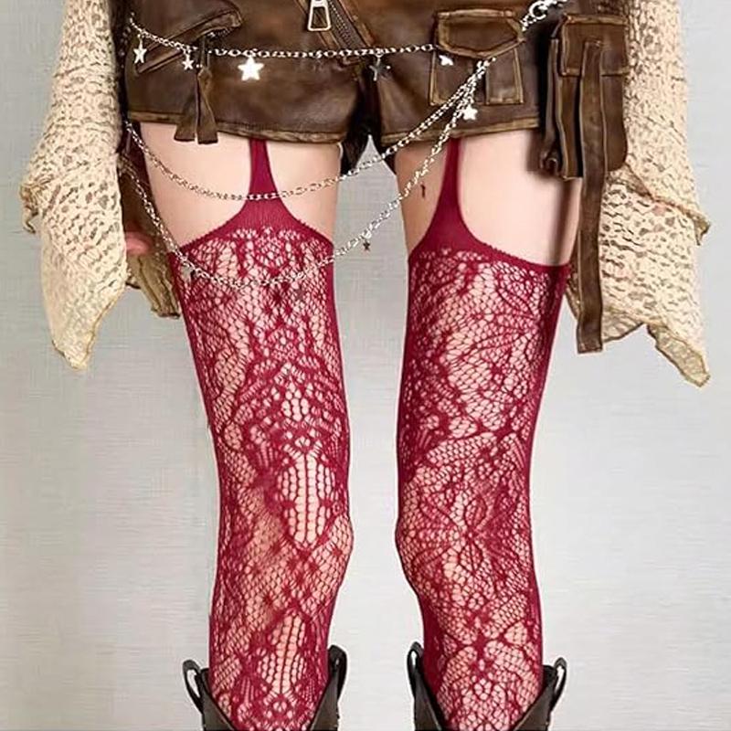 Gothic Punk Lace Floral Tights Solid Color Women Sexy Stockings Hollow Out Mesh Fishnet Pantyhose Lolita Sweet Girls Long Sock