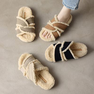 Модные женские роскошные дизайнерские плоские плюшевые тапочки 2024 Осень и Зима Горячая Распродажа Повседневные флокированные тапочки из овечьей шерсти с открытым носком Пантафла