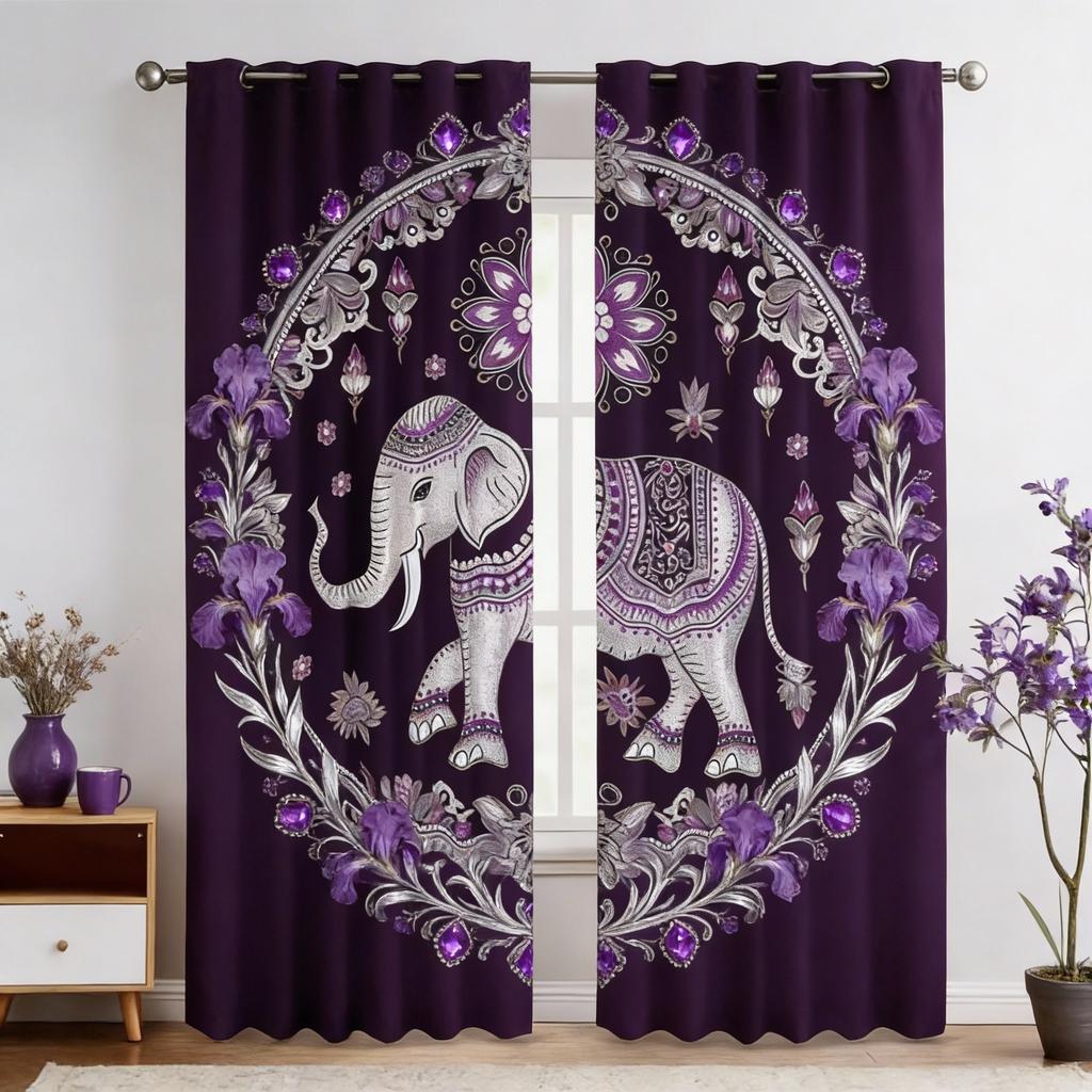 2pcs Thai Elephant Print Curtains - Vibrant Floral & Geometric Design, Blackout Fabric, Rod Pocket Hanging, Machine Washable
