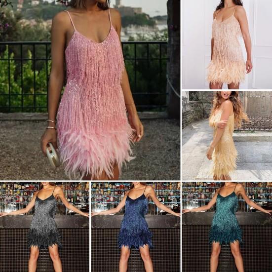 Women Dress Tassel Sequin V Neck Sleeveless Backless Feather Decor Loose Rumba Cha-cha Dance Costume Mini Club Party Dress