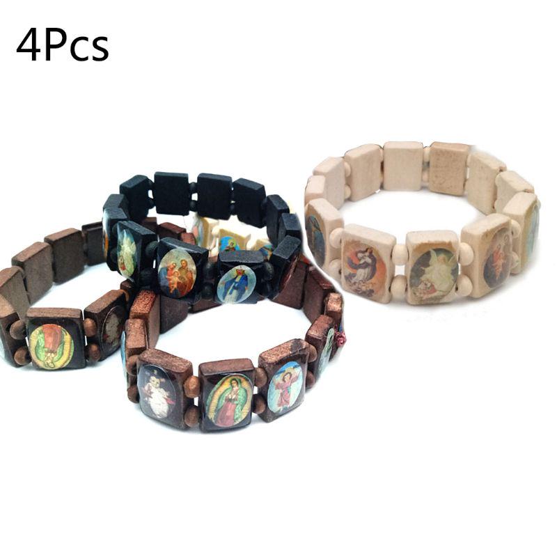 4pc Catholic Christian Supplies Wooden Icon Elastic Bead Bracelet Gift