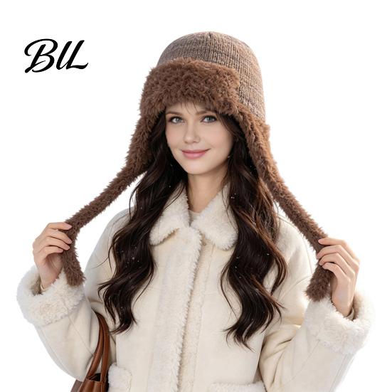 Winter Outing Accessories Women Trapper Hat, Wool Blend Knitted Hat with Ear Flaps, Fuzzy Trim, Warm Knit for Cold Weather Hiking Skiing Outdoor Caps