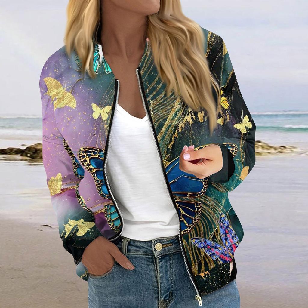 Куртки для женщин, легкие укороченные куртки с длинным рукавом на молнии, модная верхняя одежда с цветочным принтом, повседневные стеганые куртки с карманами