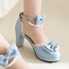 Fashion Spring Pearl Ankle Strap Women High Heels Mary Jane Pumps Party Wedding Cosplay White Pink Bow Princess High-heeled Lolita Shoes