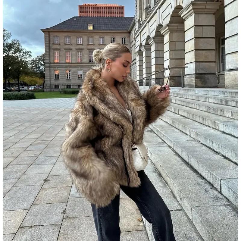 Short Faux Fur Coat Women Loose Warm Street Style Collared With Trim