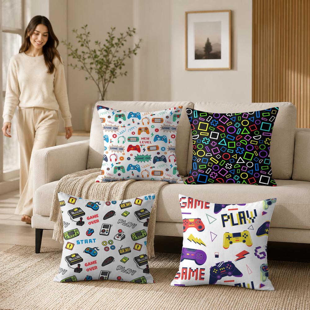 Cool Gaming Pattern Cushion Cover Silky Short Plush Invisible Zipper Dustproof Sofa Pillow Case For Home Decor