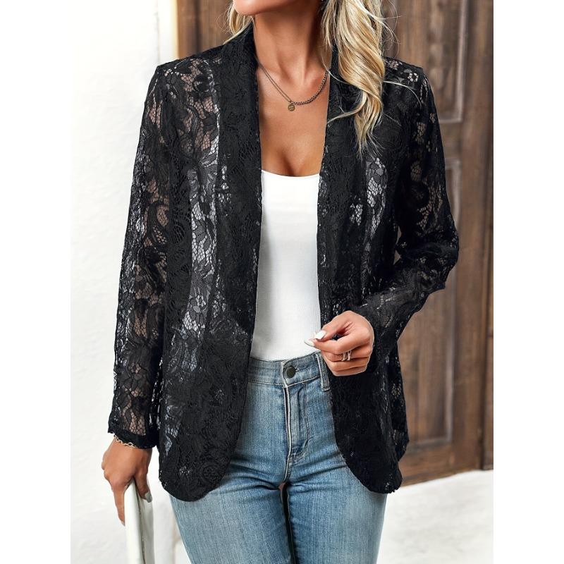 1 шт., женский шикарный кружевной блейзер с цветочным принтом, изысканный многослойный вид - длинный рукав, открытая передняя часть, идеально подходит для повседневной или рабочей одежды