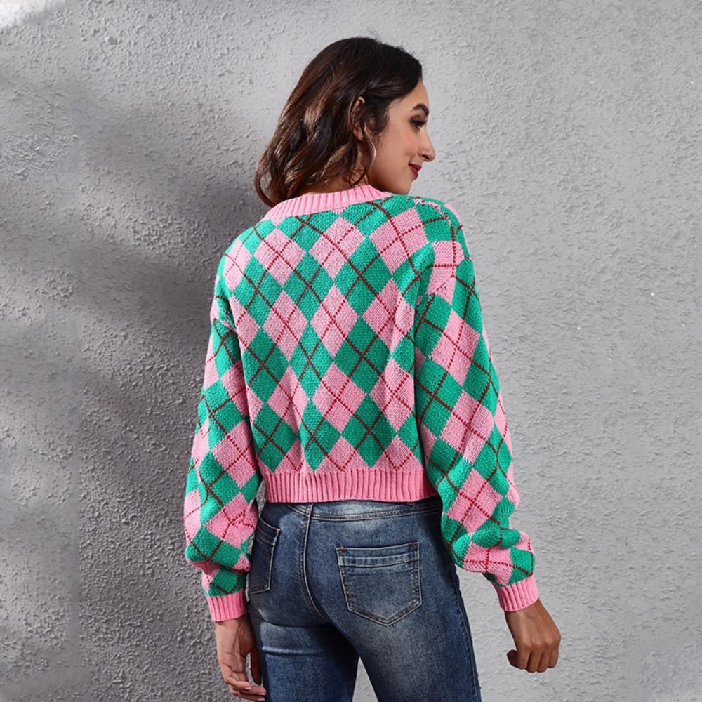 GMXIA Женская мода, повседневный ромбовидный принт, осень-зима, свободные свитера с длинным рукавом и v-образным вырезом, пальто