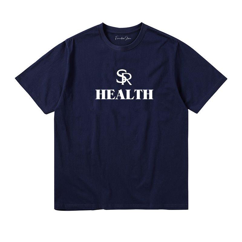 SR Letter Sign Niche Style American Retro Sports Style Pure Cotton Navy Blue Letter Print Short-Sleeve T-shirt for Women