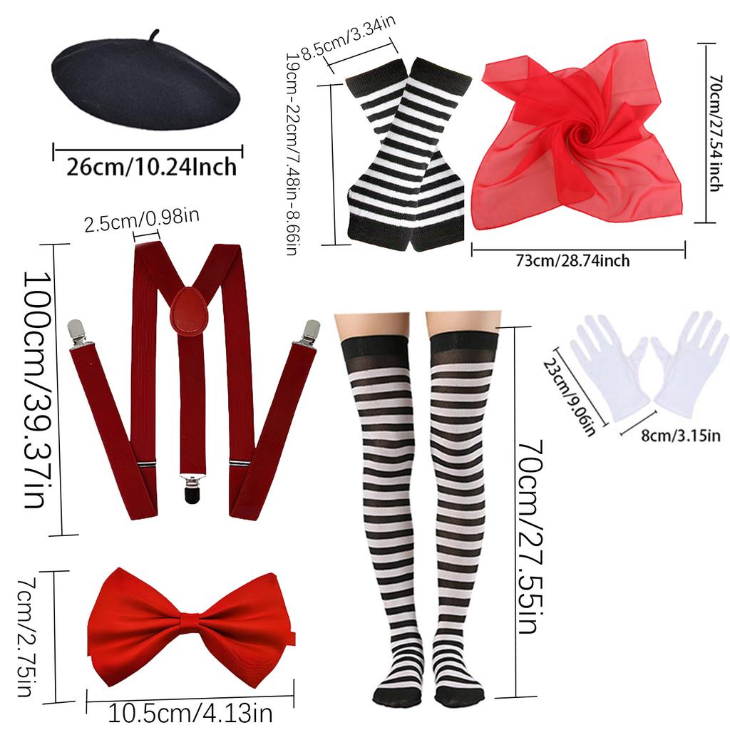 PESENAR Women Mime Artist Costume Accessories Girl French Mime Costume Halloween Outfit with Beret Gloves Suspender Scarf Socks