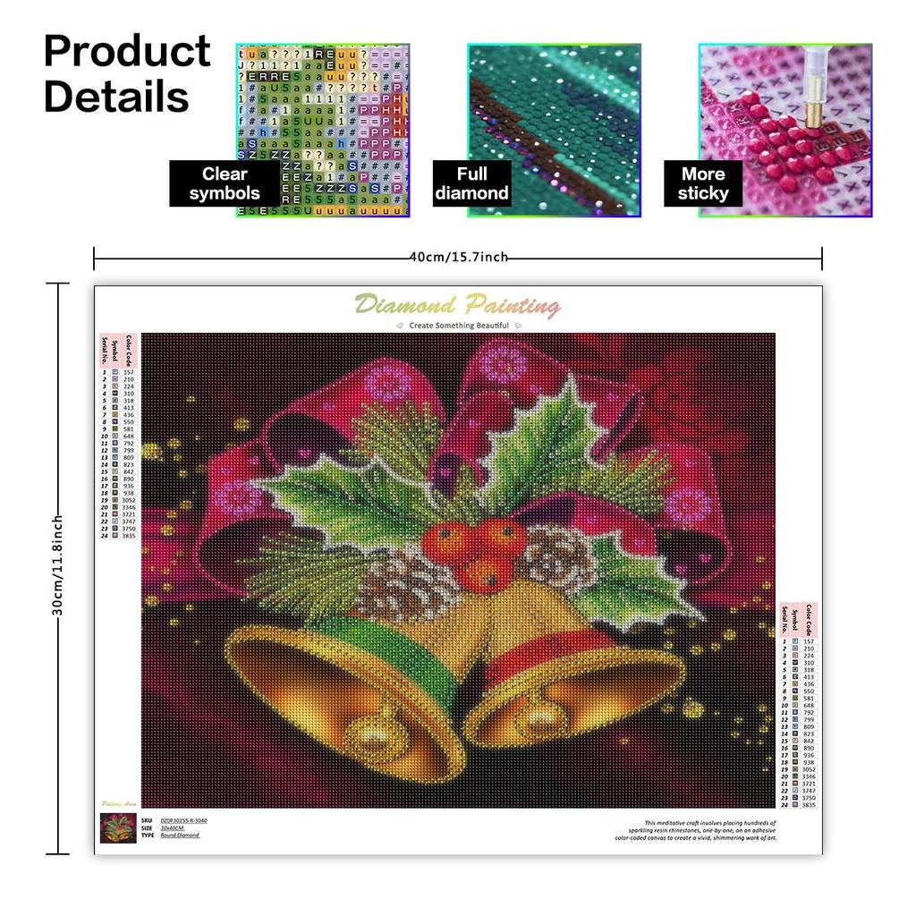 Алмазная картина, Рождественский колокольчик, кулон, полная круглая Алмазная вышивка, мультяшная мозаика, комплект со стразами, декор для дома 30x40 см/12x16 дюймов