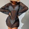 Summer Sexy Bikini Cover Up O-neck Long Sleeve Crochet Beach Dress Solid Color See-through Hollow Swimsuit Cover Up