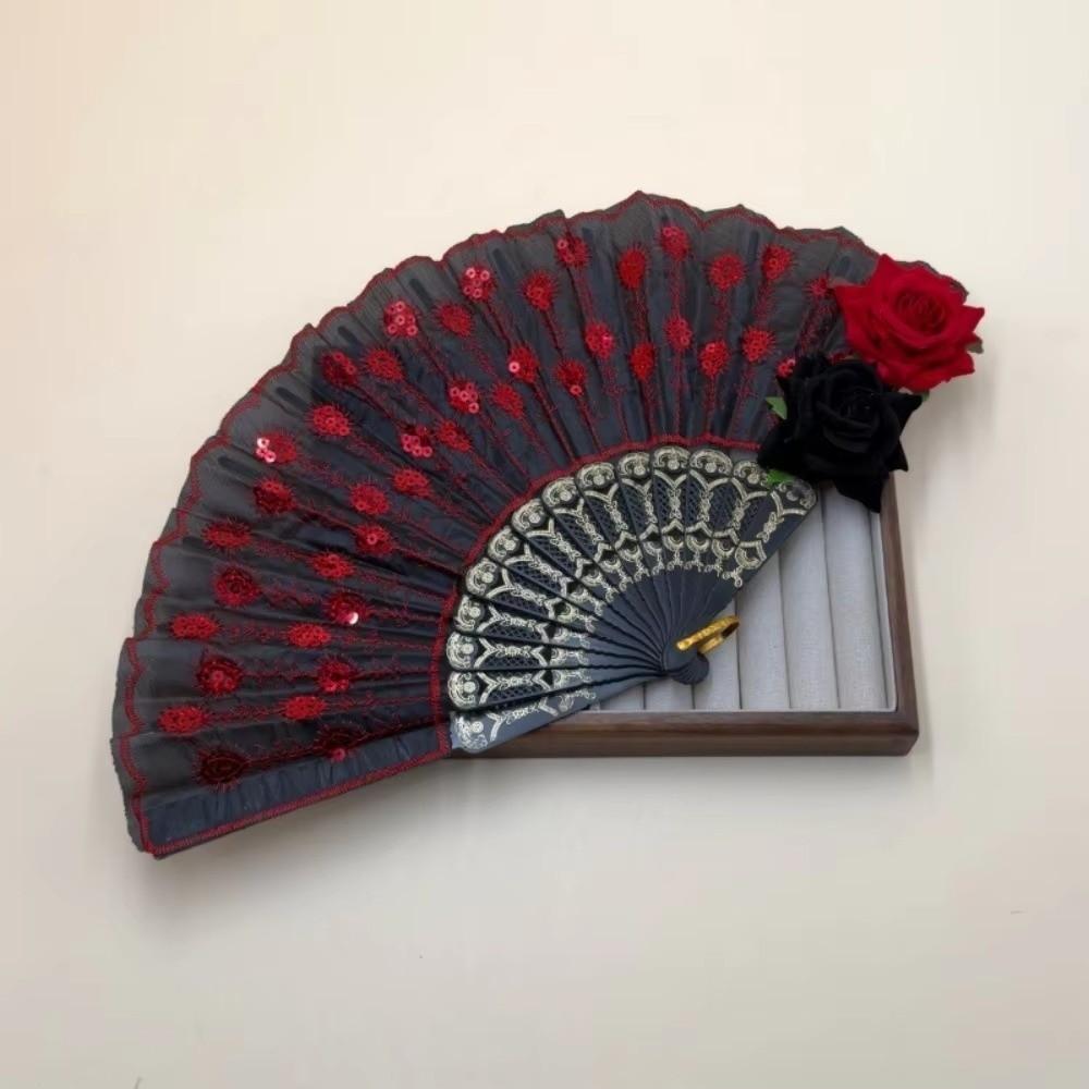 Sequin Decorated Spanish Handheld Fan Embroidered Flamenco Dance Fan New Gothic Dance Fan