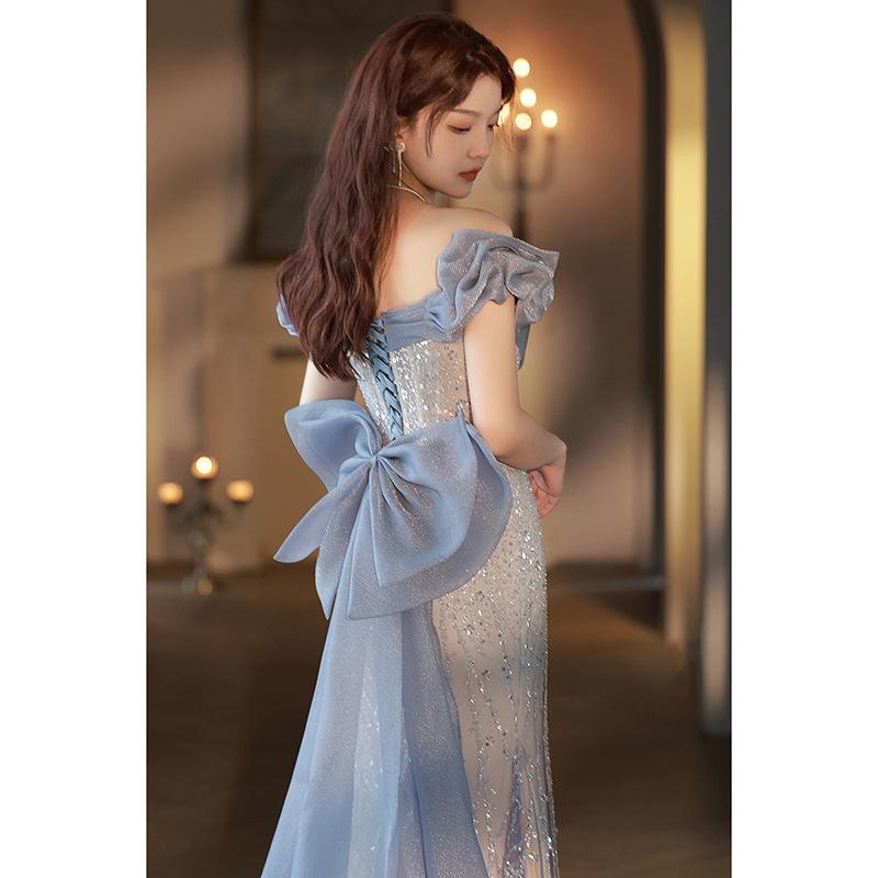 Blue fishtail evening dress dress women's 1011 new style light luxury niche French toast bride wedding dress