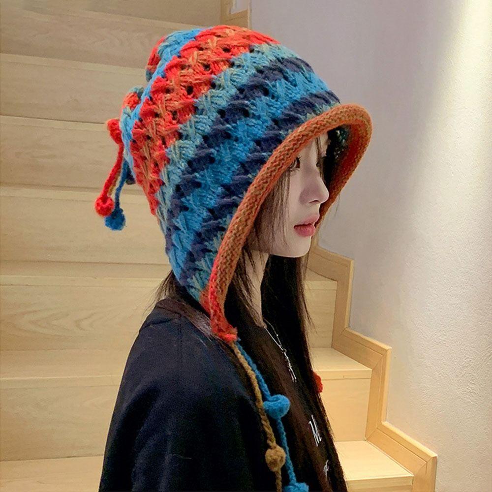 Красочная шапка-бини с кисточкой и защитой ушей, милая вязаная шапка