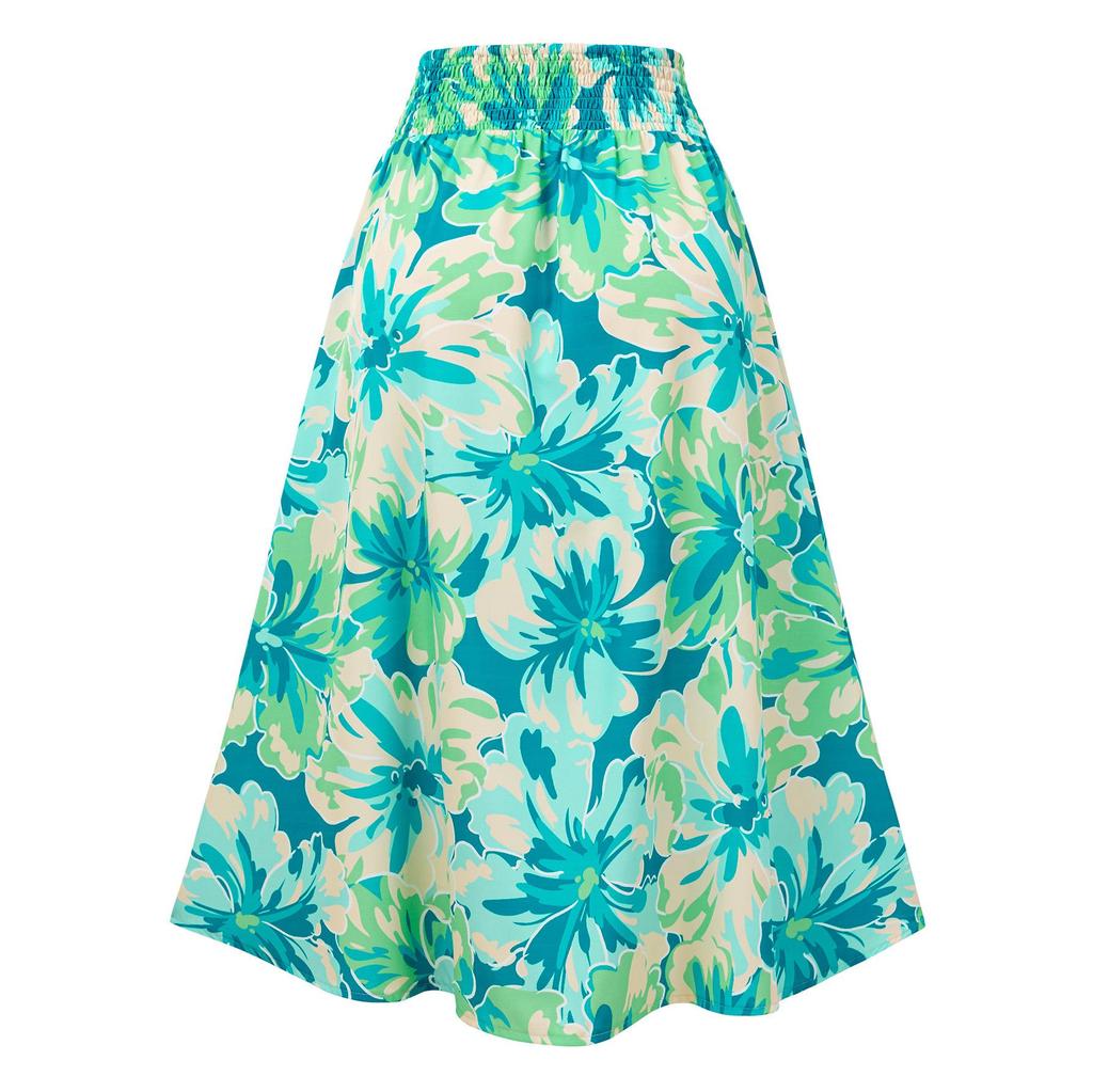 Женская весенняя юбка с цветочным принтом, летняя повседневная юбка А-силуэта с высокой талией и разрезами средней длины S-XL