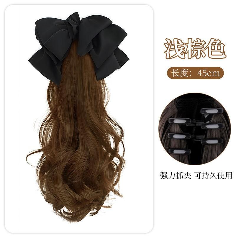 Womens Claw Clip Ponytail Wig Long Curly Hair Bow Highlighted Natural Look