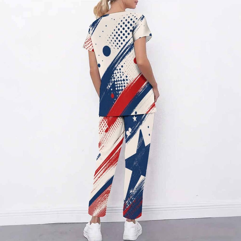 Women Plus Size Beige Star Printed Scrub Set Cutout V Neck Short Sleeve Top Long Pants With Pockets