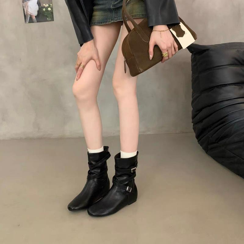 Retro pleated stacked boots women's autumn and winter new fashion belt buckle western cowboy boots slim mid boots
