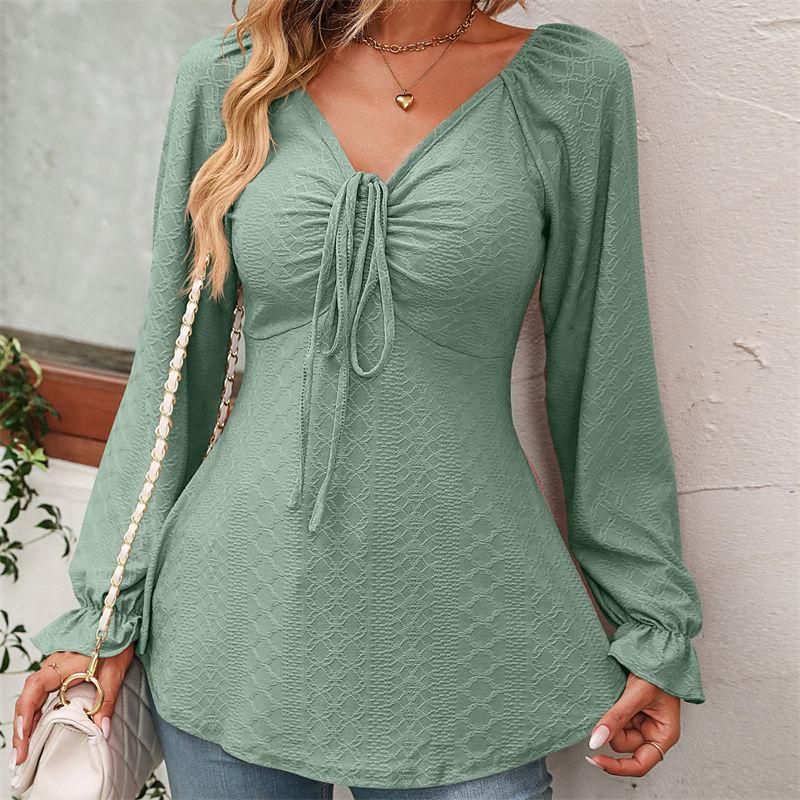 Women's Clothing Long Sleeve Girdle Drawstring Solid Color T-shirt V-neck