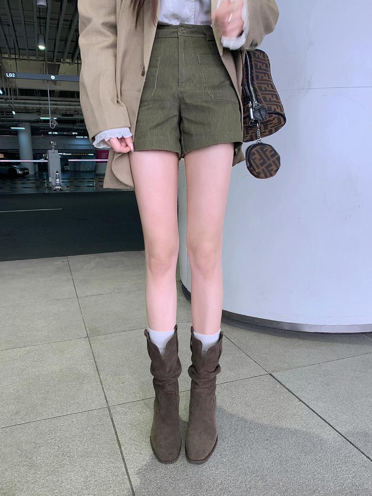 Кожа коровы виноградная мама с той же высотой каблука 8 см корейские тупоносые с V-образным вырезом на толстом каблуке короткие ботинки на тонком ворсе женские западные ковбойские ботинки