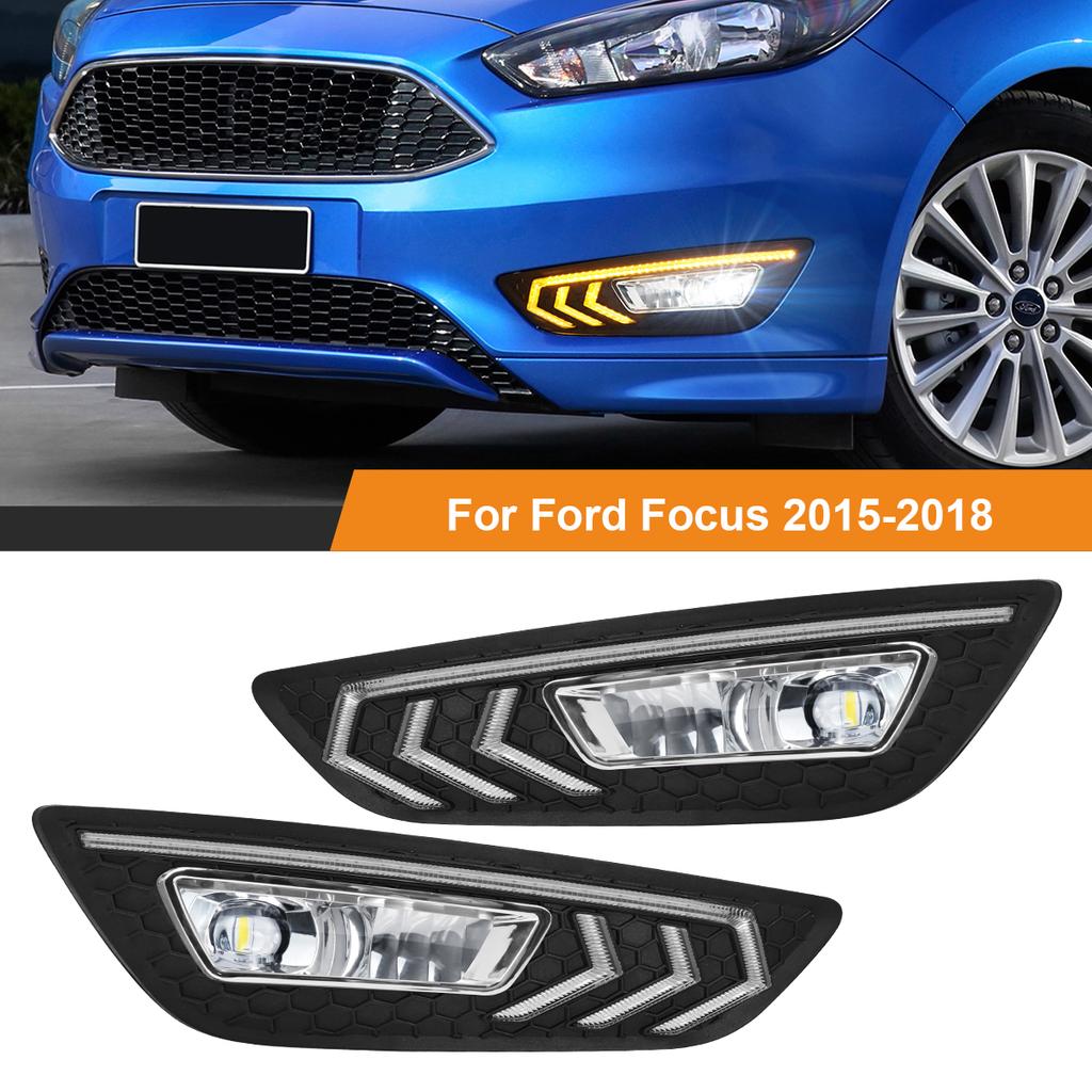 For Ford Focus DRL Led Fog Lamps Chrome Trim Daytime Running Lights Dynamic Turn Signal White Yellow Blue