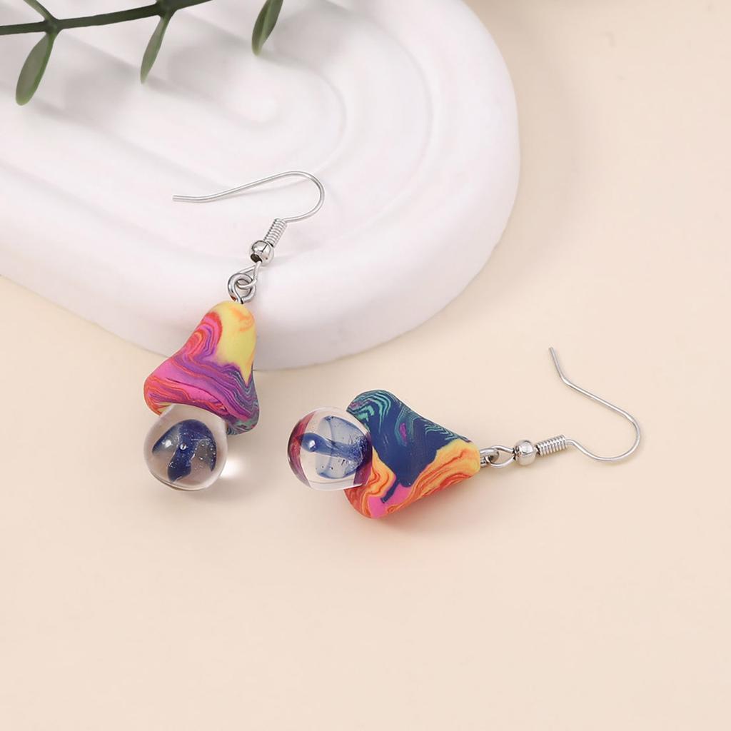 New soft pottery shiitake mushroom glazed beads cute personalized earrings, transparent simulated colored mushroom ear hooks