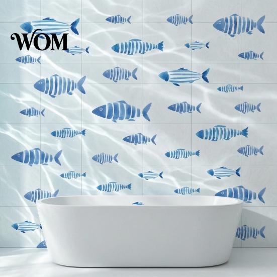 Nordic Style Wall Decorations Watercolor Blue Fish Decals, Striped Ocean Sea Life Stickers, Removable Self-Adhesive DIY Seabed Murals Coastal Art for
