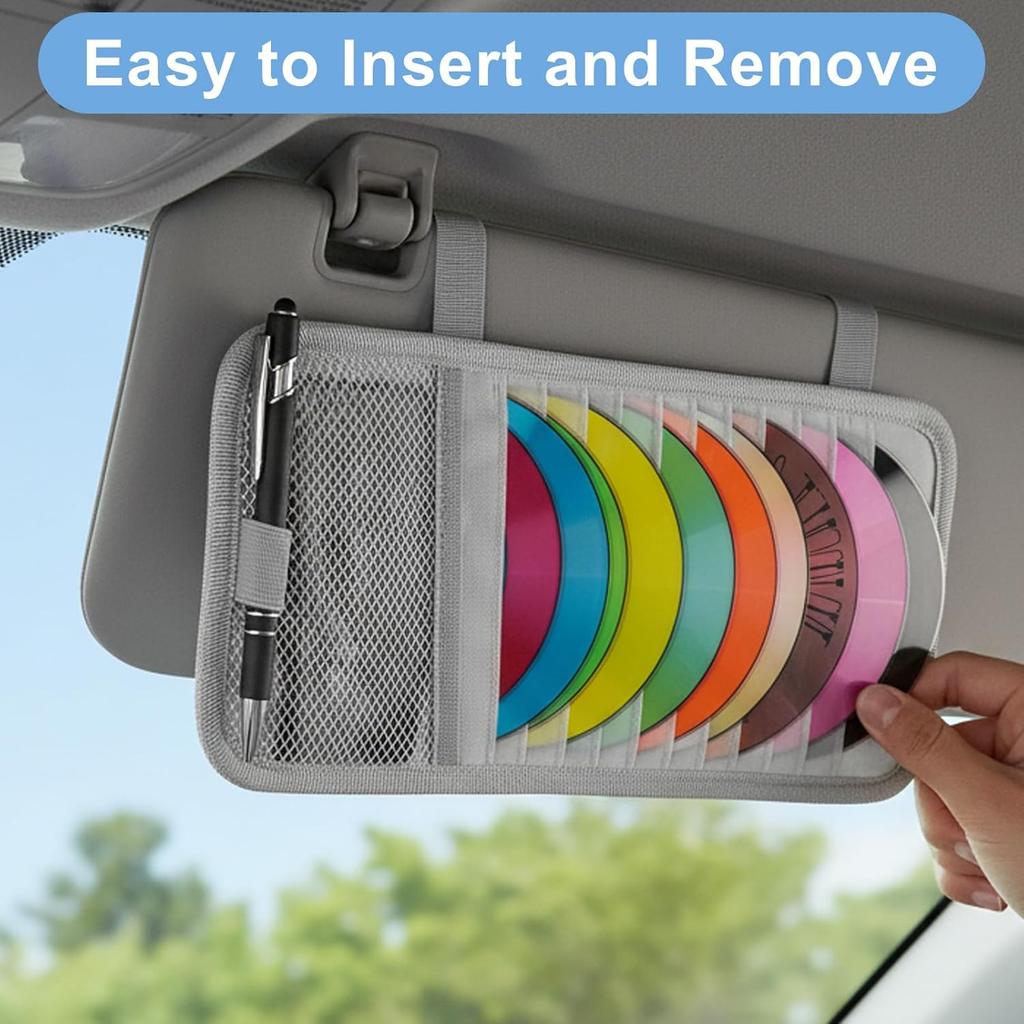 1 Pcs Car CD Holder, Car Sun Visor Storage DVD Disc Holders Pocket Case Organizer with 12 DVD Storage Sleeves, one Mesh Pocket, one Pen Holder, and