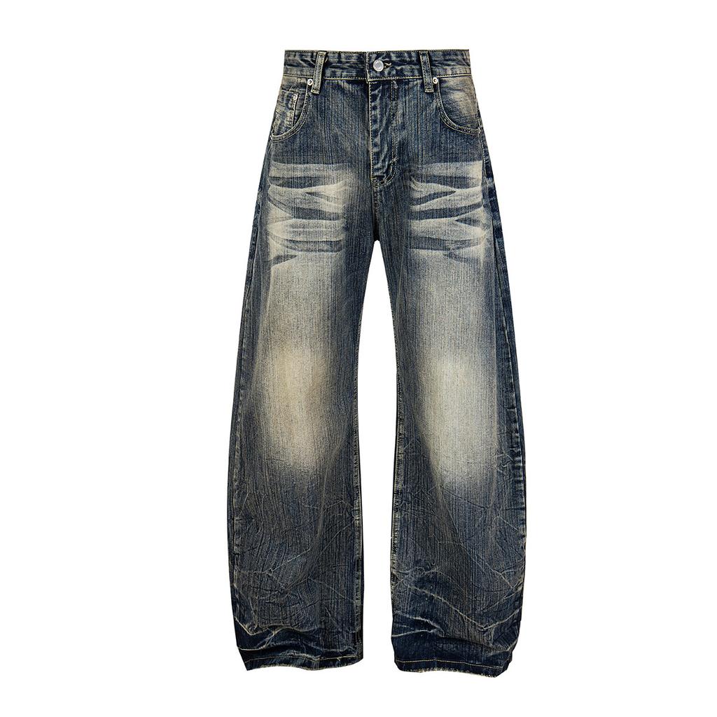 European and American scimitar pants retro washed jeans personalized bamboo pattern loose wide-leg pants men