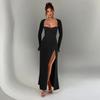 Europe and America Cross Border Women's Clothing New Fashionable, Elegant and Sexy Silm Lace Long Sleeves Patchwork Dress Slit Dress