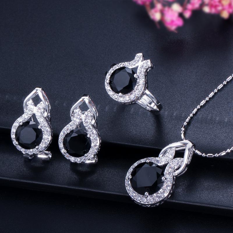 Jewelry Set, Bridal Jewelry Set, Simple Zircon Jewelry Necklace, Earrings, And Three Rings.