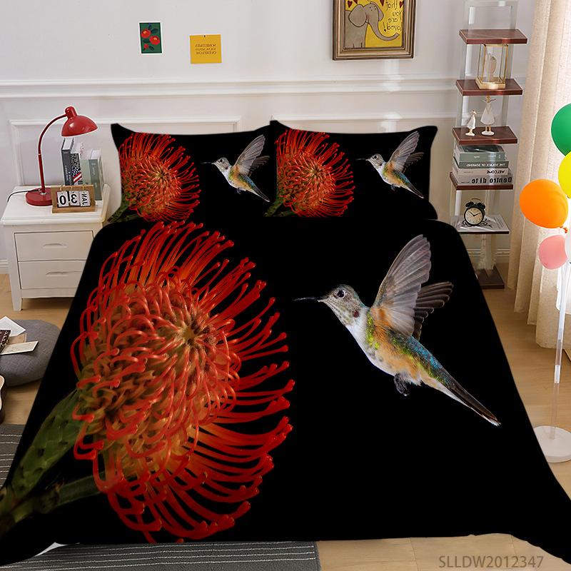 Hummingbird Duvet Cover Set King/Queen Size Small And Cute Tropical Bird Yellow Flower Green Leaves Bedding Set Women