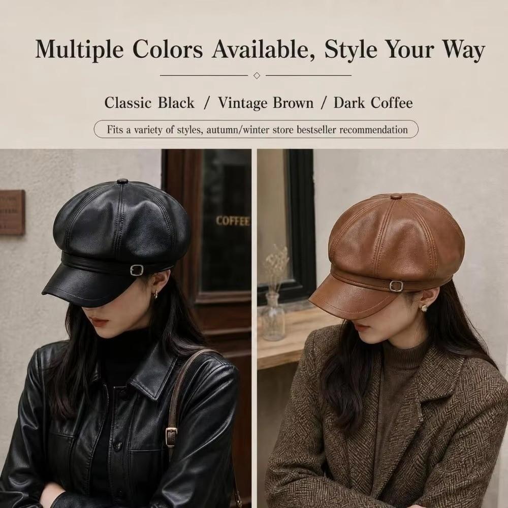 Versatile PU Beret Cap Solid Color Octagonal hat Casual Leather Painter Hat Woman
