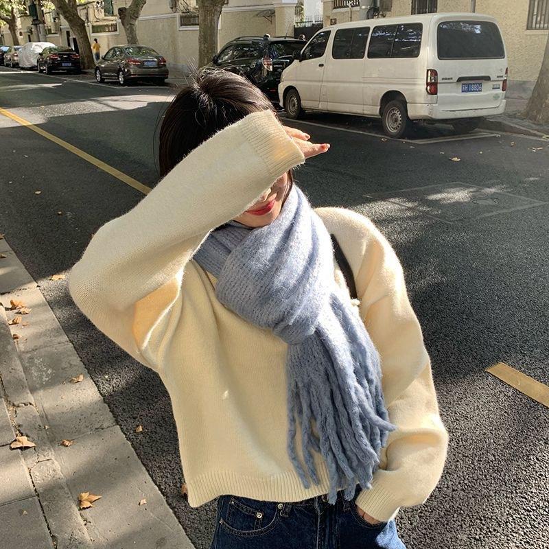 Korean Style Colorful Plaid Scarf for Women Soft Solid Color Scarf Thickened Warm Soft Girl Student Tassel Versatile Mohair