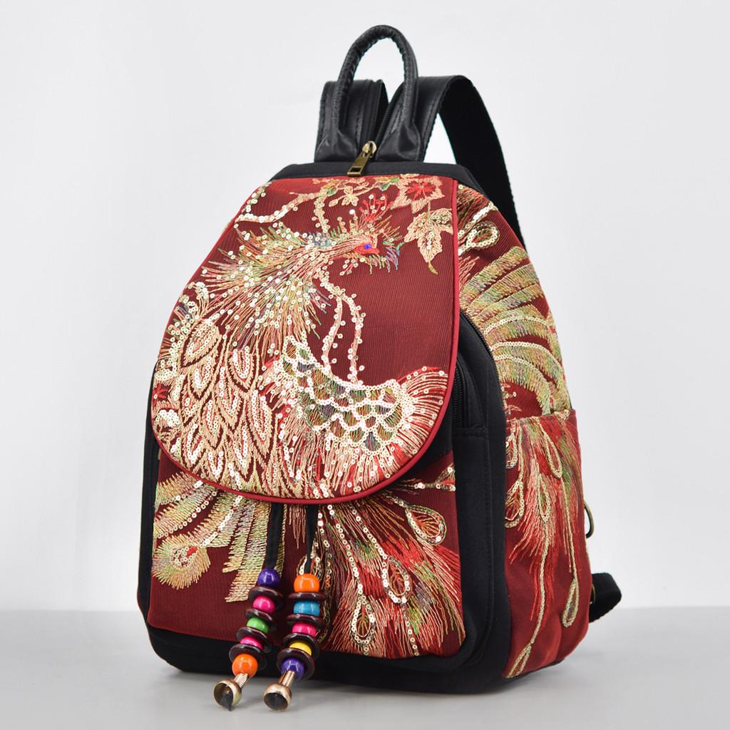 Peacock Embroidery Canvas Backpack With Antitheft Features For Daily Commuting And Outdoor