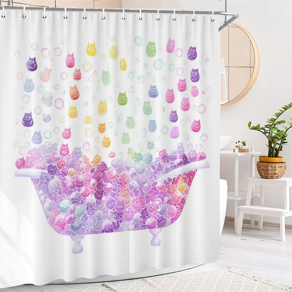 Cute Bathing Cats Art Cartoon Shower Curtain, Bathroom Decorative Shower Curtain, Waterproof Shower Curtain With Hooks