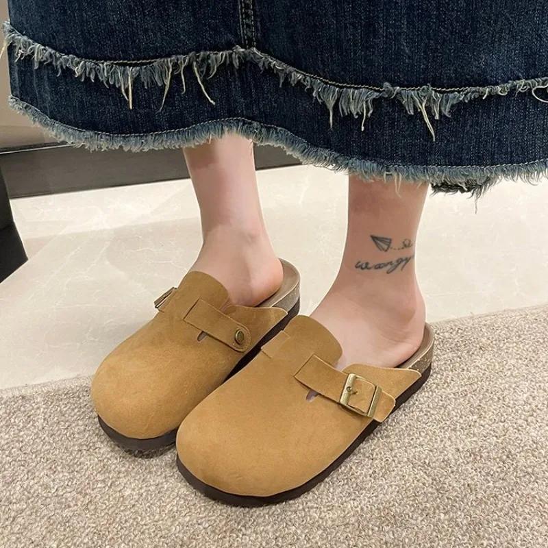 Zapatos Mujer Новые женские замшевые мюли Тапочки на плоской подошве Бостонские сабо Сандалии Модные уличные слипоны Пляжные сандалии
