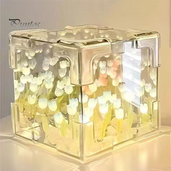 Handmade DIY Tulips Cube Mirror Lamp Soft Glow Easy To Install Romantic Tulips Flower Night Light Desktop Decoration