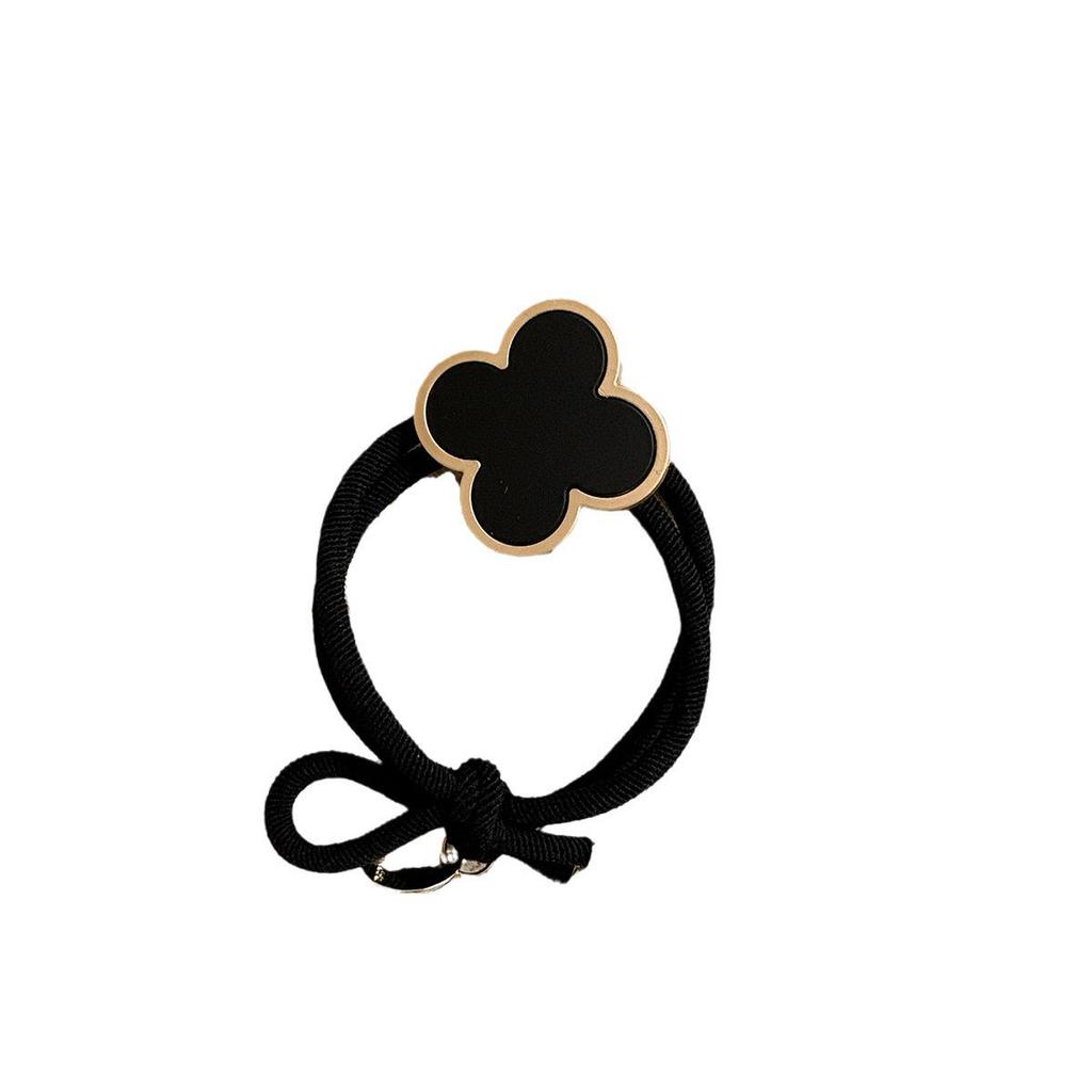 Korean High-End Four-Leaf Clover Hair Tie for Women - Non-Tightening Summer Ponytail Accessory with Black Leather Case
