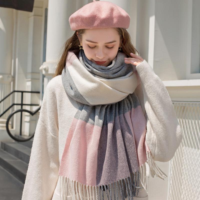 Pink Plaid Wool Scarf Women Warm Thicken Neck Scarf Shawls and Wraps Pashmina Foulard Femme Winter Scarves for Ladies Echarpe
