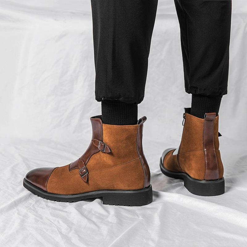 Fashion British New Winter Pointed Toe Men Mid-calf Business Boots Buckle Strap Boots Leather Monk Strap Shoes Street Motorcycle Boots