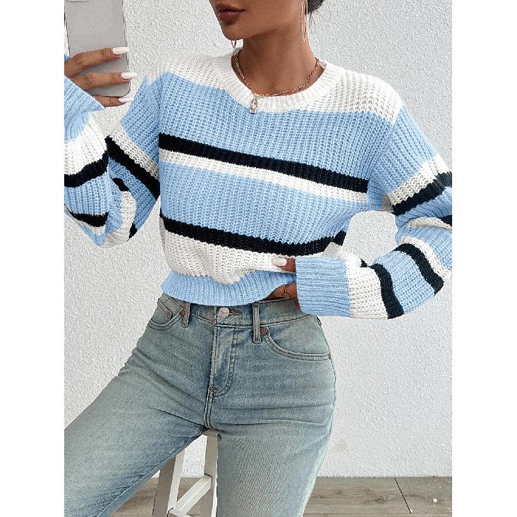 2026 Autumn and Winter Hot Sale New Acrylic Loose Drop Shoulder Round Neck Color Matching Knitted Long Sleeve Ladies Sweater