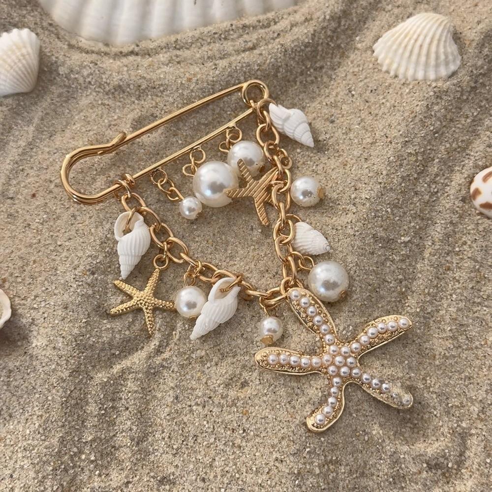 Faux Pearl Starfish Pin Ocean Style Pendant Brooch Lightweight Beach Brooch Dress Decor