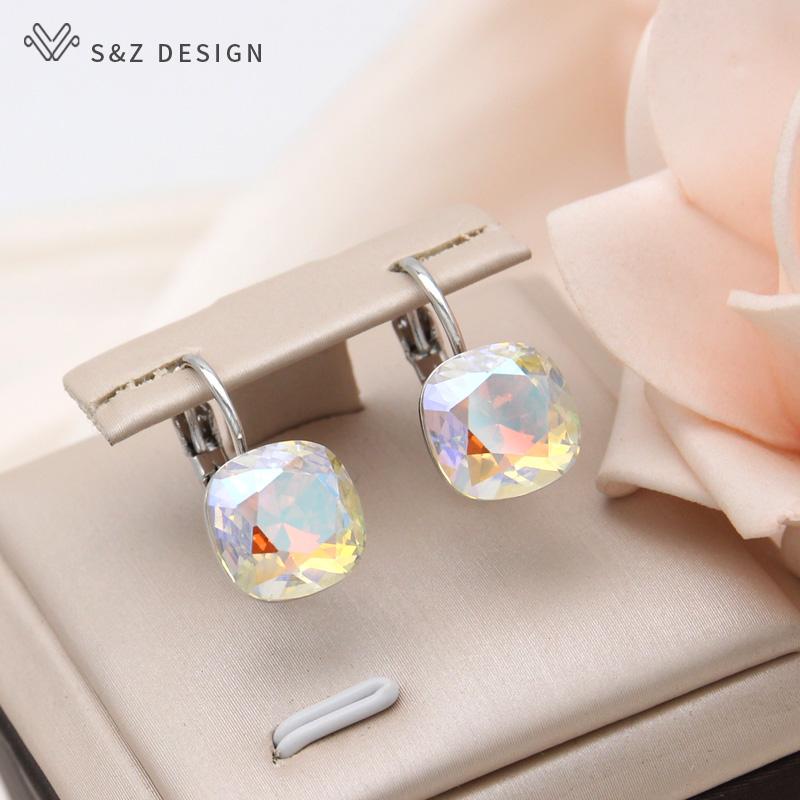Fashion Square Colorful Crystal Drop Earrings For Women Wedding Rose Gold Color Jewelry Eardrop