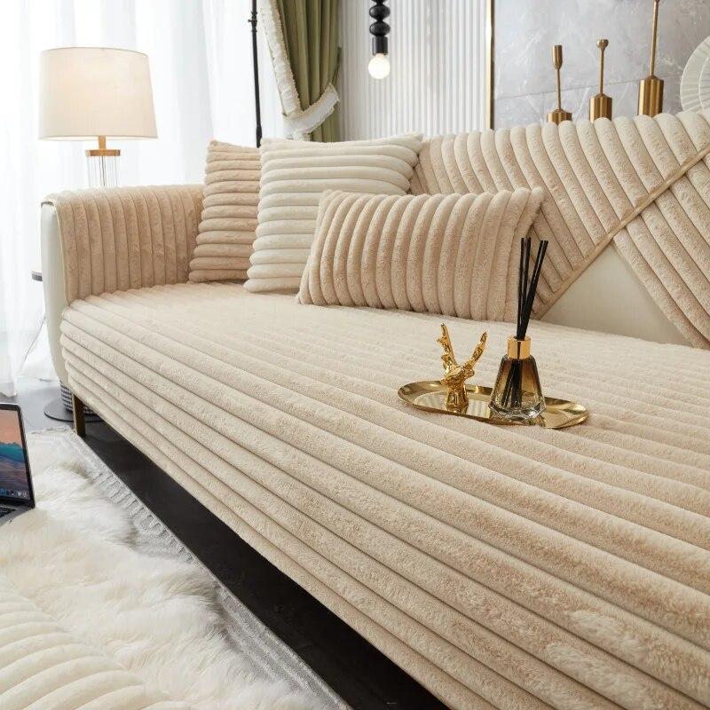 Super Soft Rabbit Plush Quilted Sofa Towel Winter Warm Thick Plush Couch Cover L-shaped Sectional Anti-slip Sofa Cover