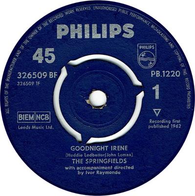 7-дюймовая пластинка SPRINGFIELDS - Goodnight Irene PB1220,326509BF PHILIPS 1962 UK Поп Б/у