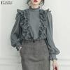 Women Casual Stand Collar Long Sleeve Ruffles Splice Loose Blouse